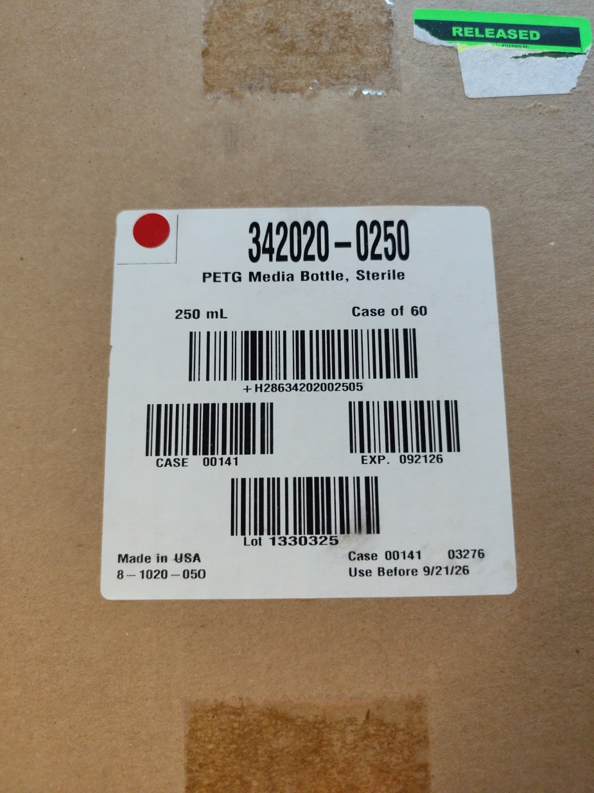 342040-0250 250 ml Media Bottle, Sterile with HDPE Closure Case 60 Expi 2026