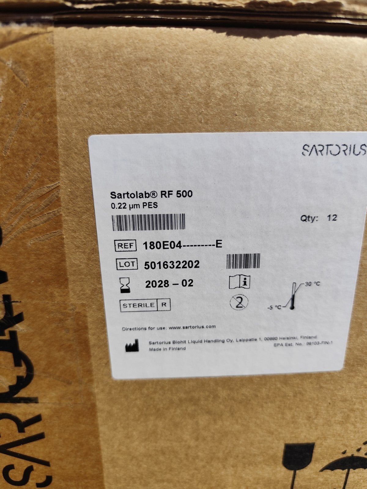 Sartorius 180E04 Sartolab RF Vacuum Filtration Unit 0.22 μm 500mL 12/pack 2028