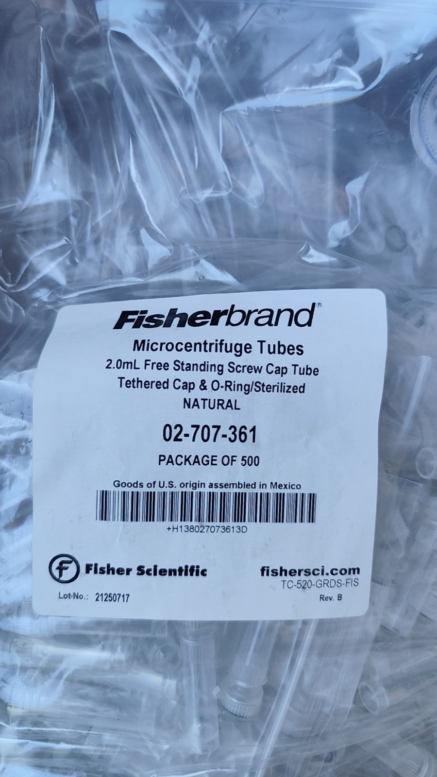 FISHERBRAND 2mL Microcentrifuge Tubes w/ Tether Cap Skirted 02-707-361 Bag 500