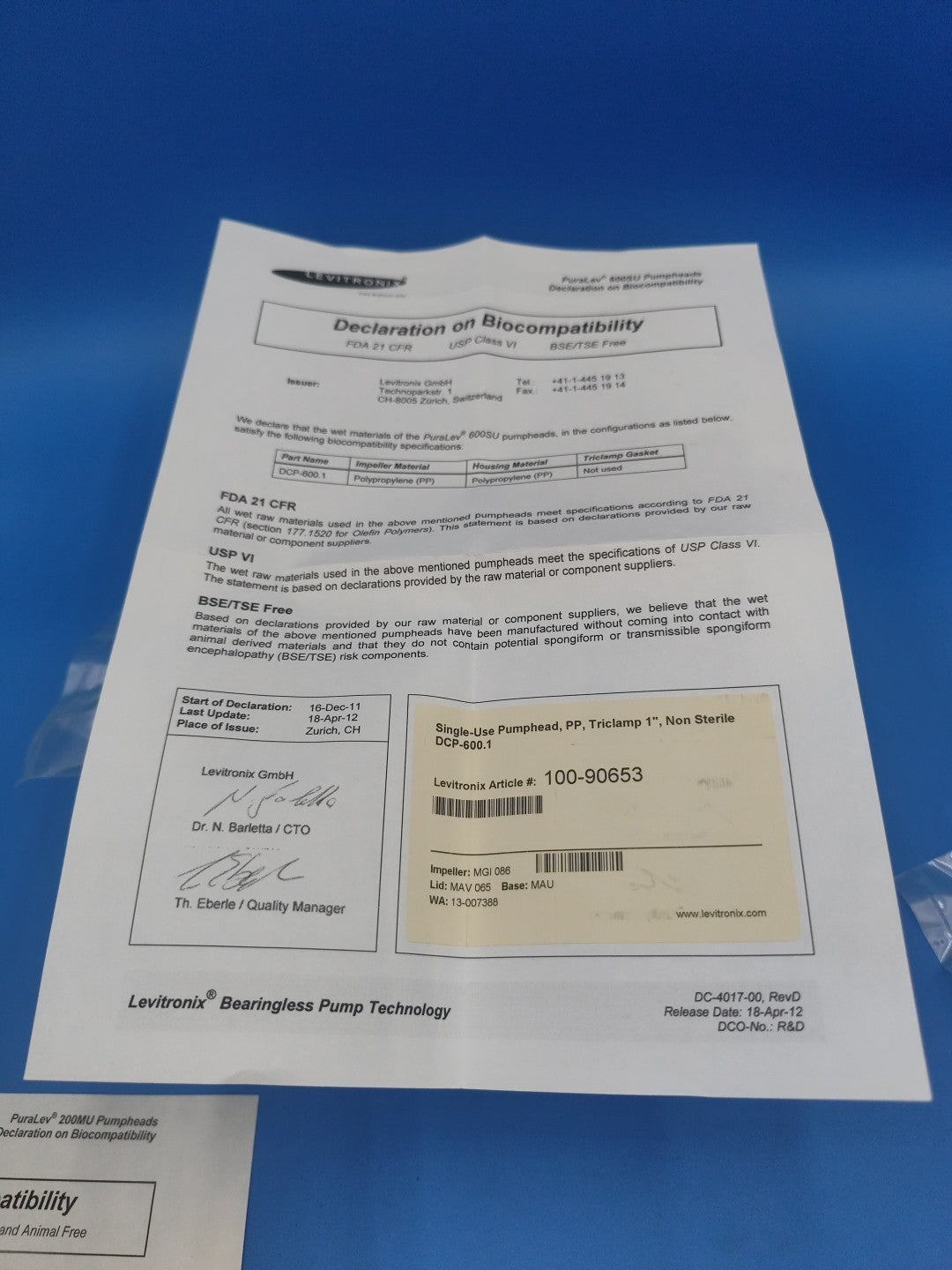 Levitronix 100-90653 Single Use Pumphead Triclamp Non Sterile DCP-600.1