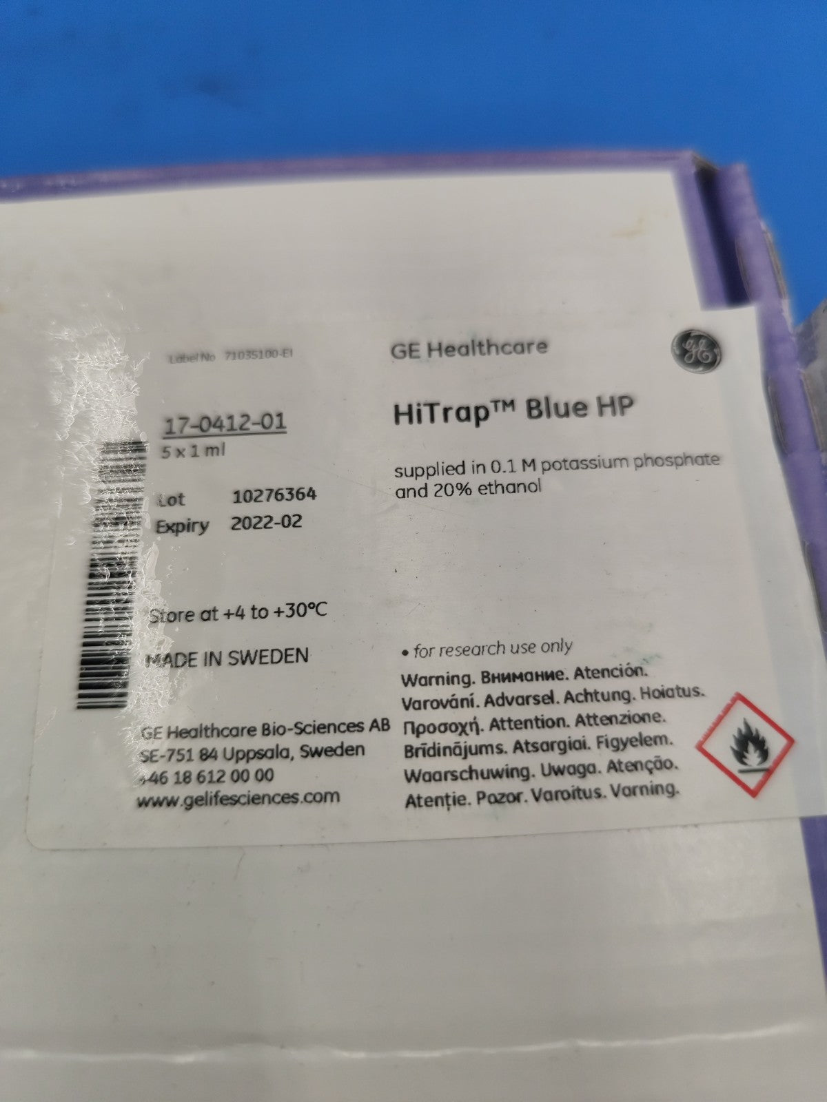 GE Cytiva 17-0412-01 HiTrap Blue HP 5 mL Column Box Of 1 With Accessories