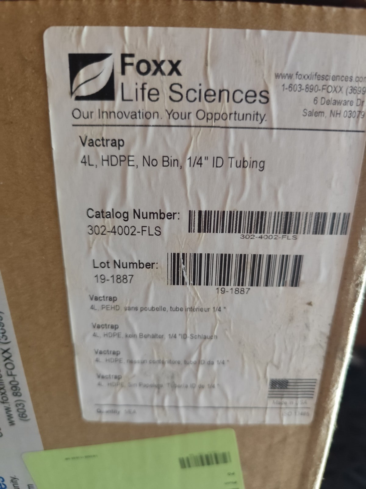 Foxx Life Sciences Vactrap system 4L HDPE Vactrap  No Bin 1/4" ID