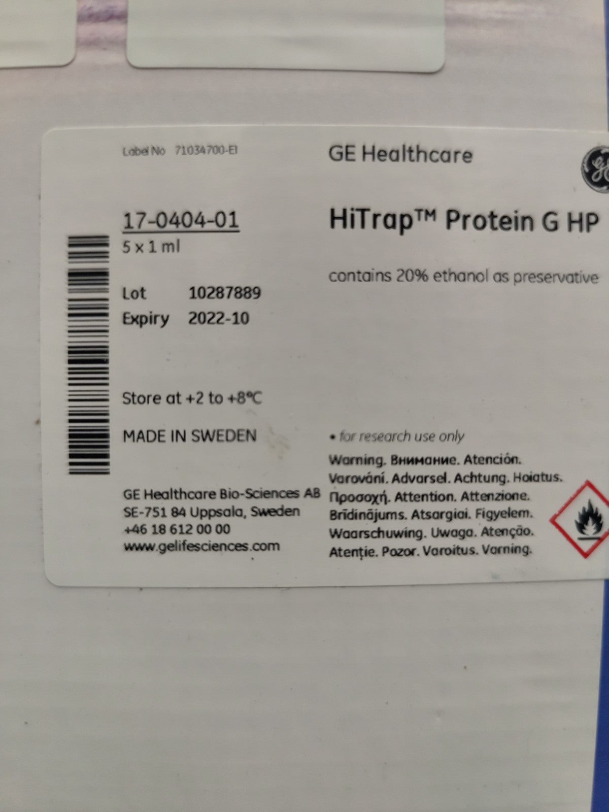 Protein G HP Hitrap 17-0404-01 GE Column Stored At Room Temperature 