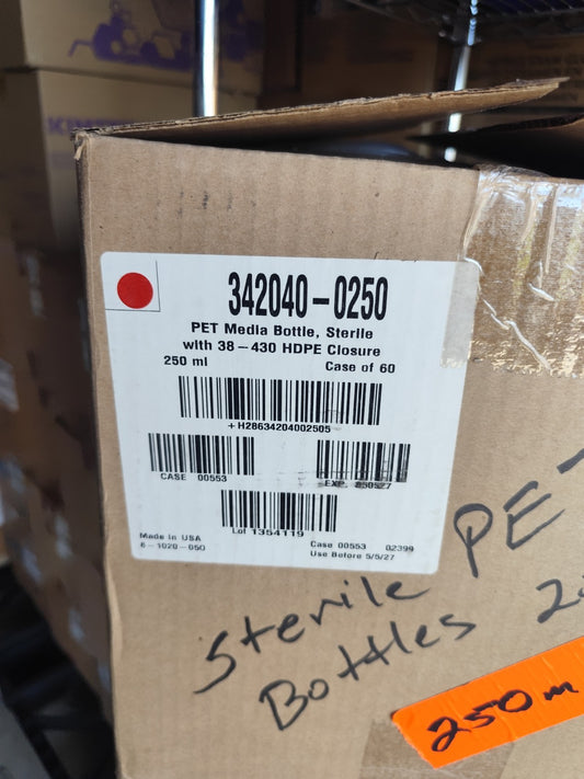 342040-0250 PET Media Bottle, Sterile with HDPE Closure Case 60 Expi 2027