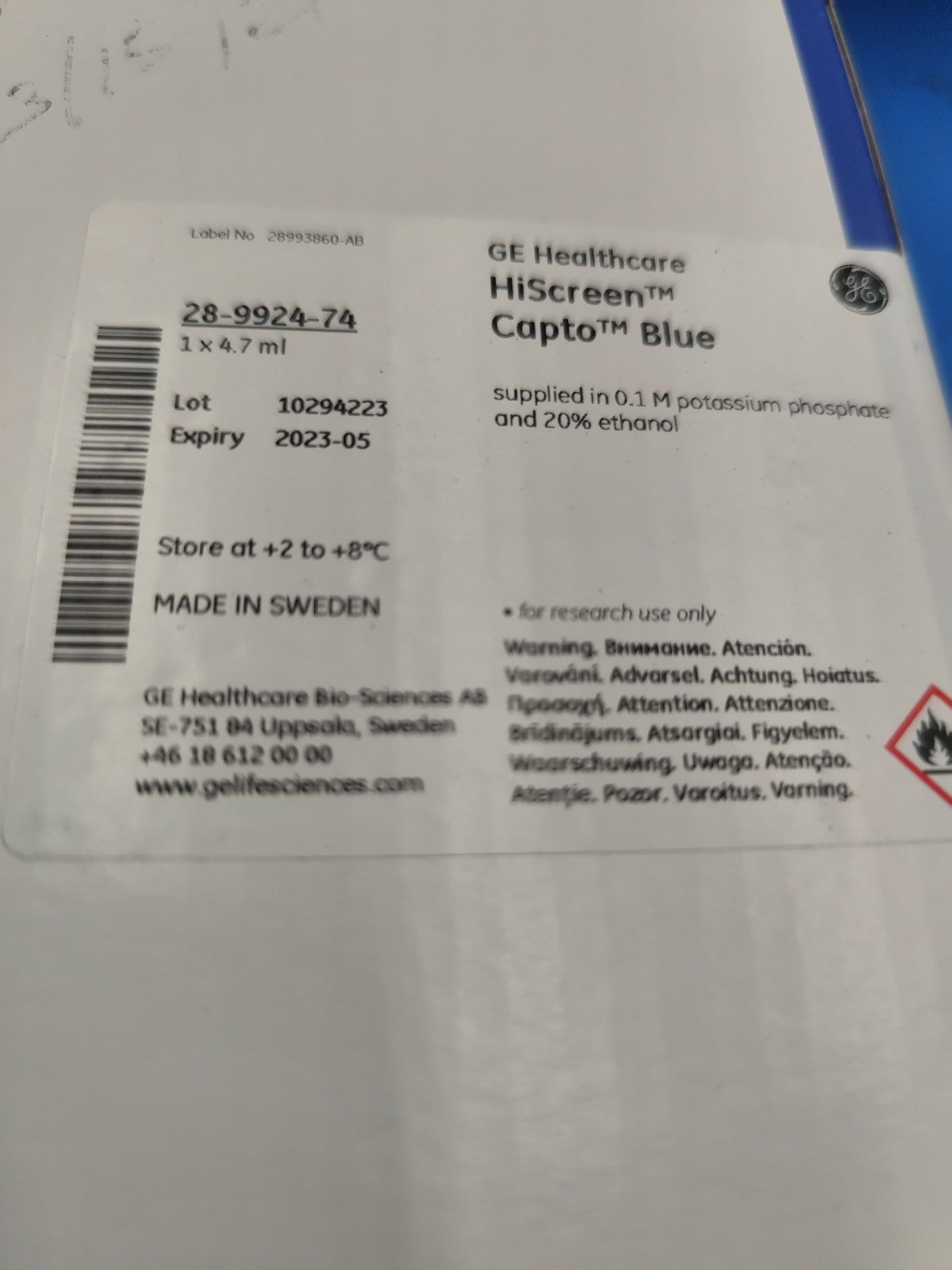 GE Healthcare Hiscreen Capto Blue 28-9924-74 Box Of 5 Room Temperature