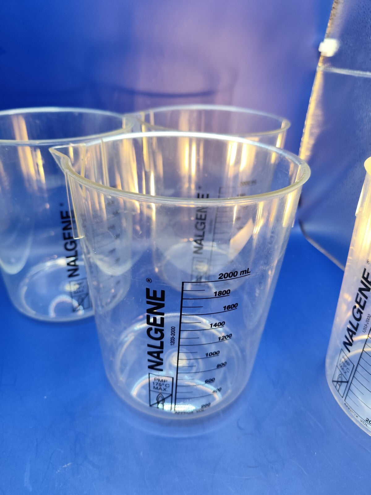 Nalgene 2000ml Plastic Beaker or Fisher 1000ml glass cylinder