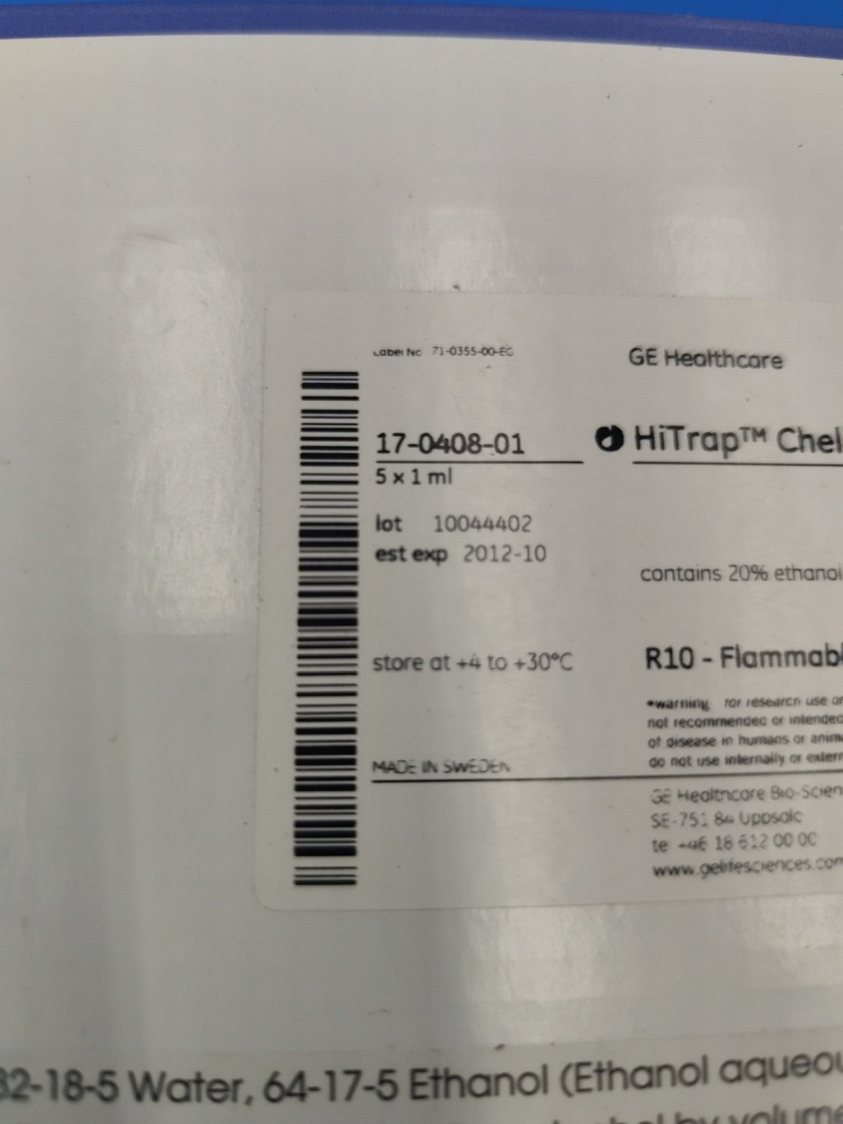 HiTrap Chelating HP affinity column 1 mL 5/Pk 17040801 New Seal Year 2012