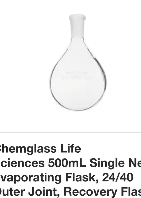 Chemglass CG-1512-07 500 mL Recovery Flask 24/40 European Outer JT - NEW