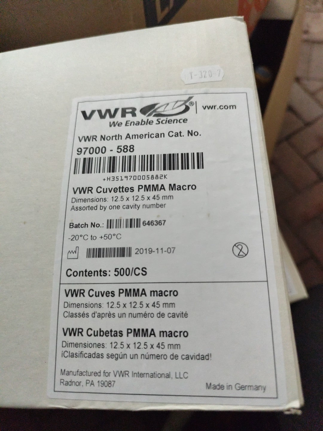 VWR cuvettes pmma macro 97000-588 Cs 500 12.5 X 12.5 X 45 mm