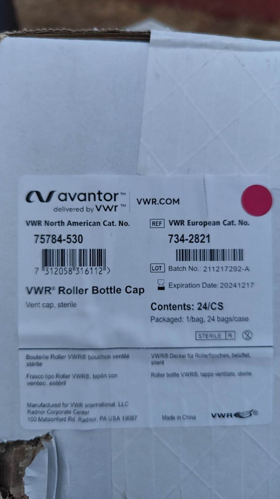 VWR - 75784-530 - VWR ROLLER BOTTLE CAP VENT STER (Case of 24)