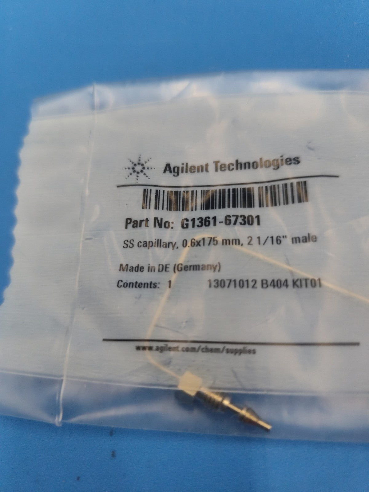 G1361-67301 Capillary stainless steel 0.6 x 175 mm 2 1/16 in male. Rigid, bent