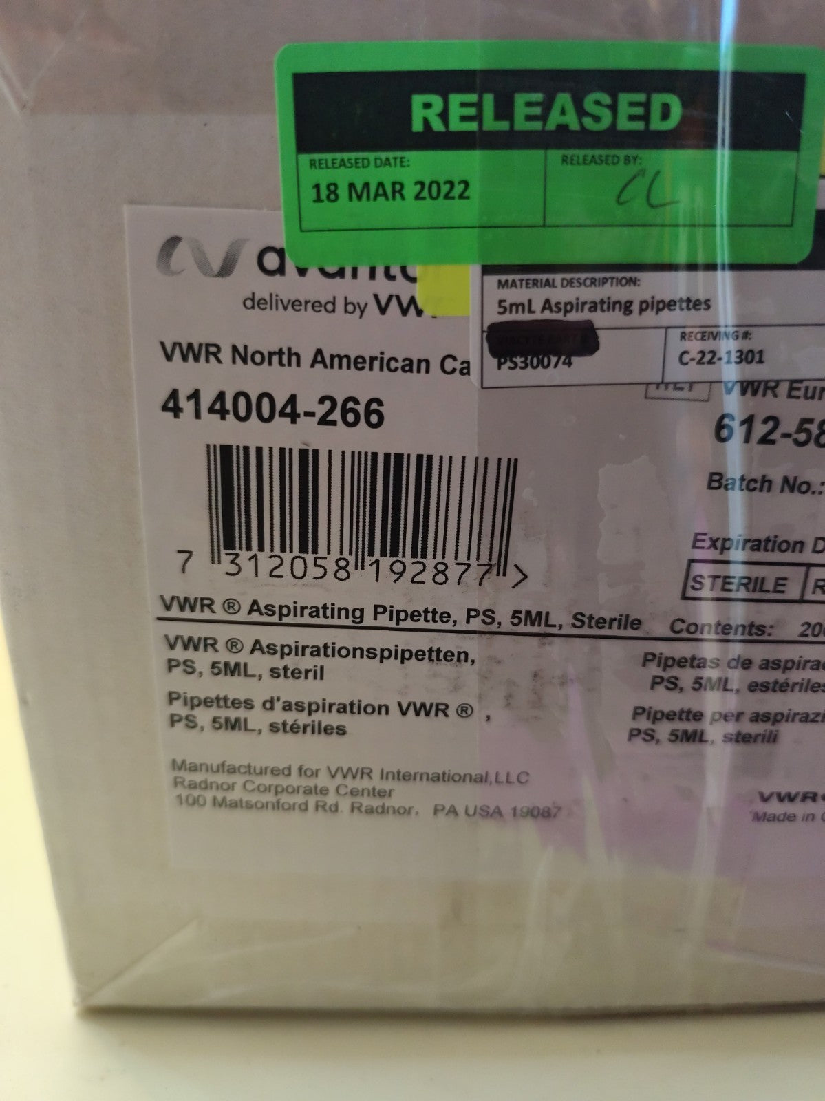 VWR 414004-266 Aspirating Pipet 5 ml Individually Wrapped 200 PCs Expi2025