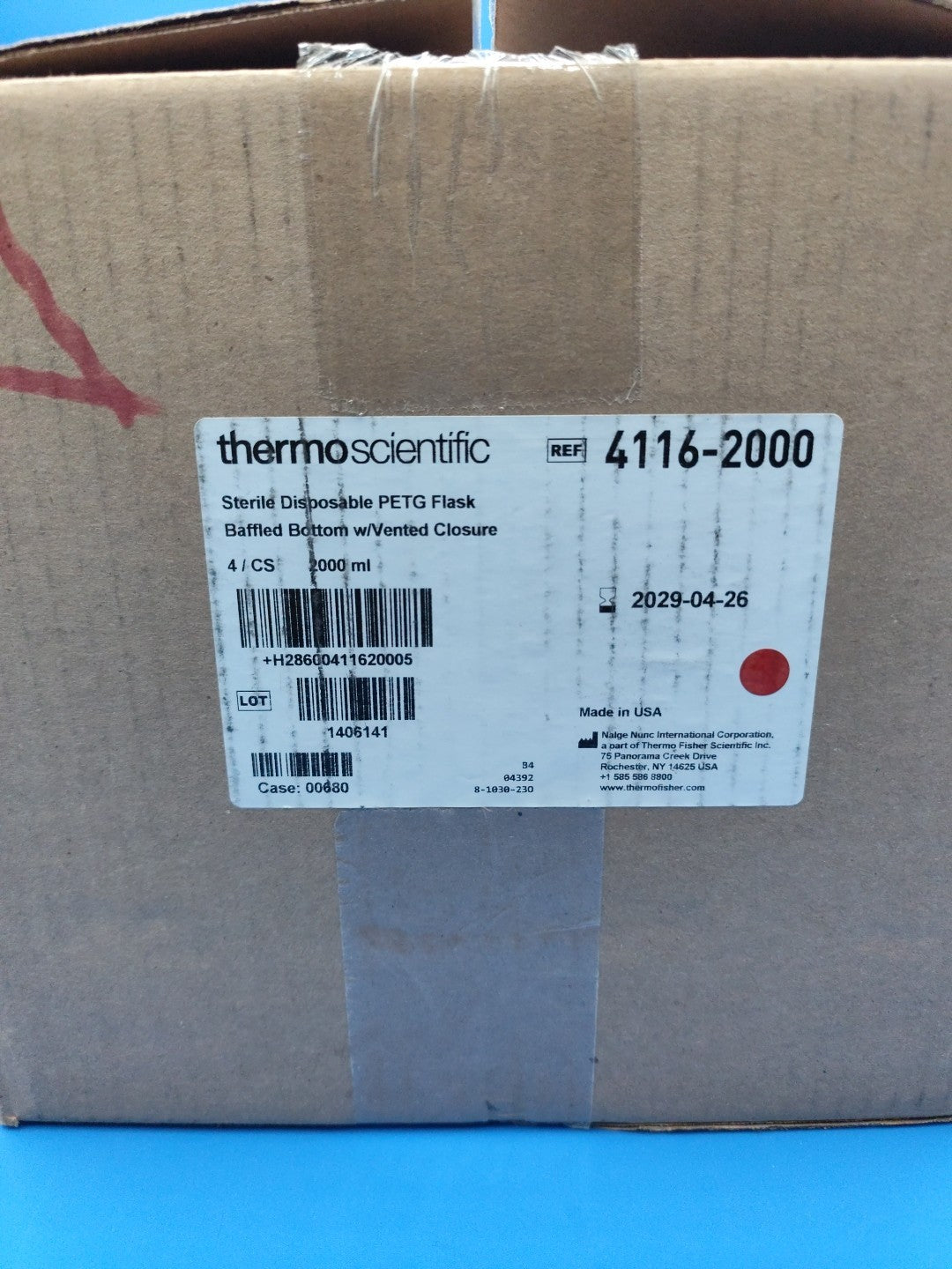 Thermo Scientific 2000ml 4cs PETG Flask Baffled w Vent 4116-2000 2L 2 Liter 