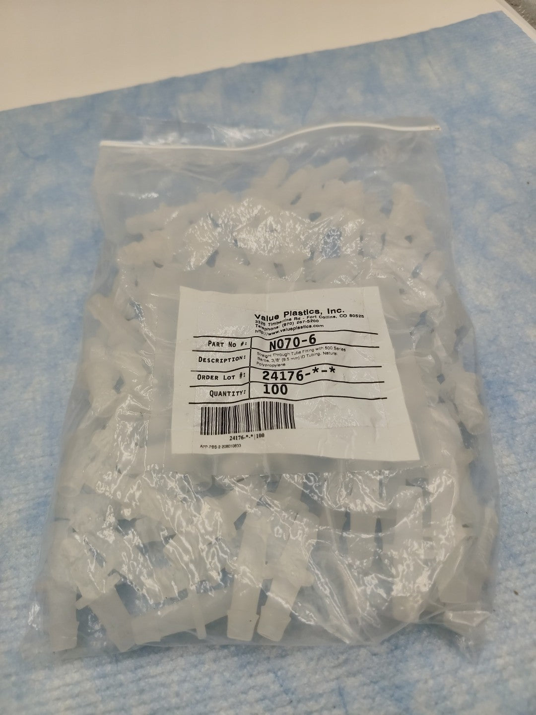 n070-6 straight through tube fitting with 500 series barbs 3/8" 9.5mm ID