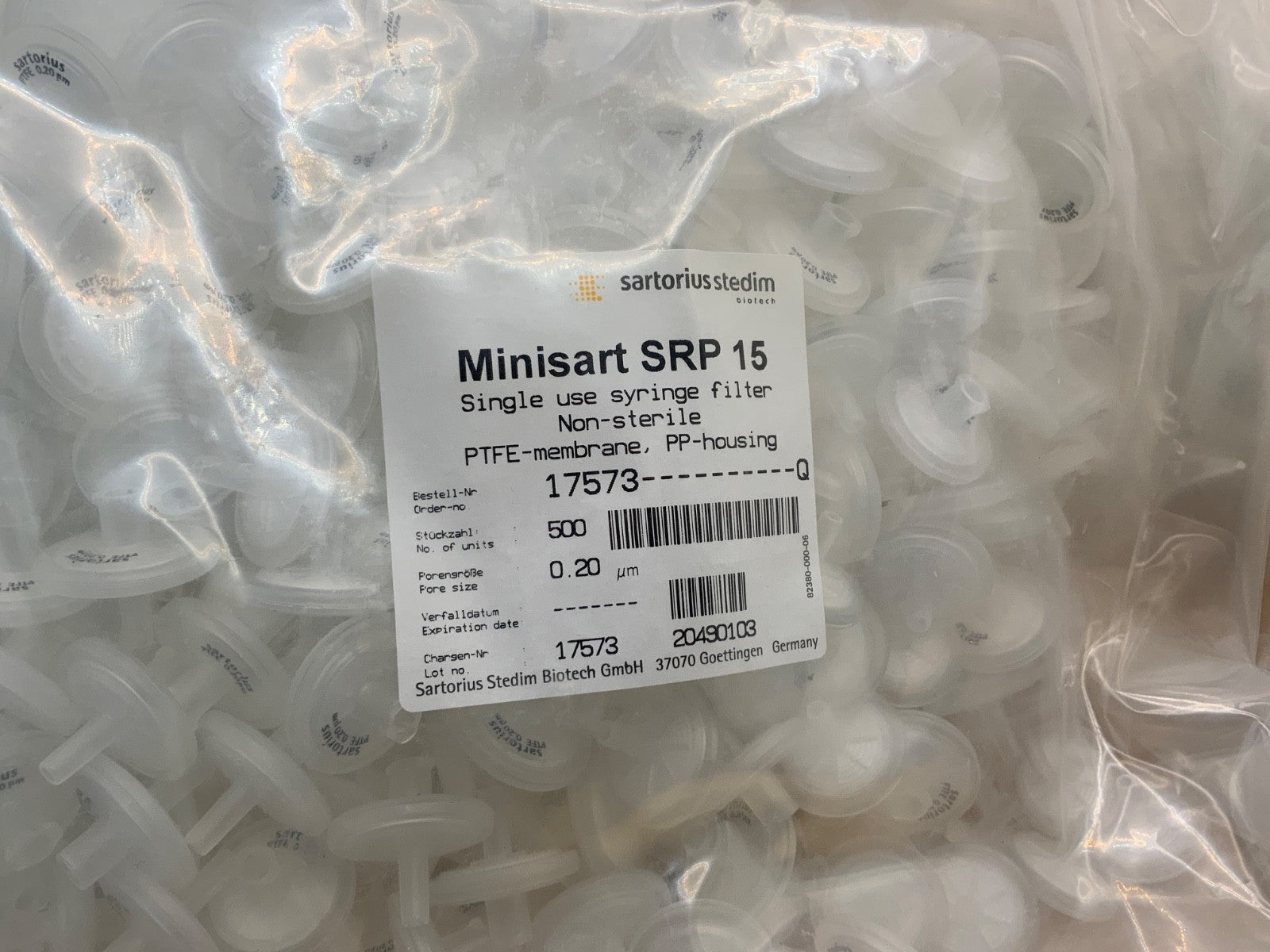 Minisart SRP15 non sterile syringe filter PTFE membrane o.2um