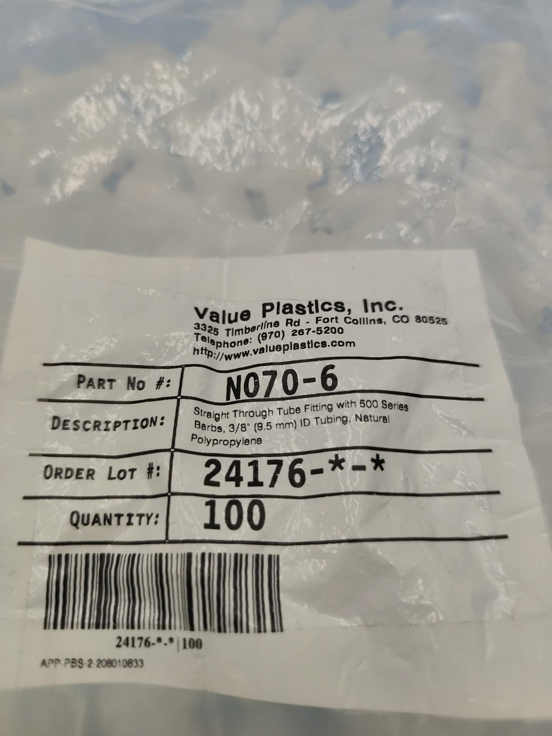 n070-6 straight through tube fitting with 500 series barbs 3/8" 9.5mm ID