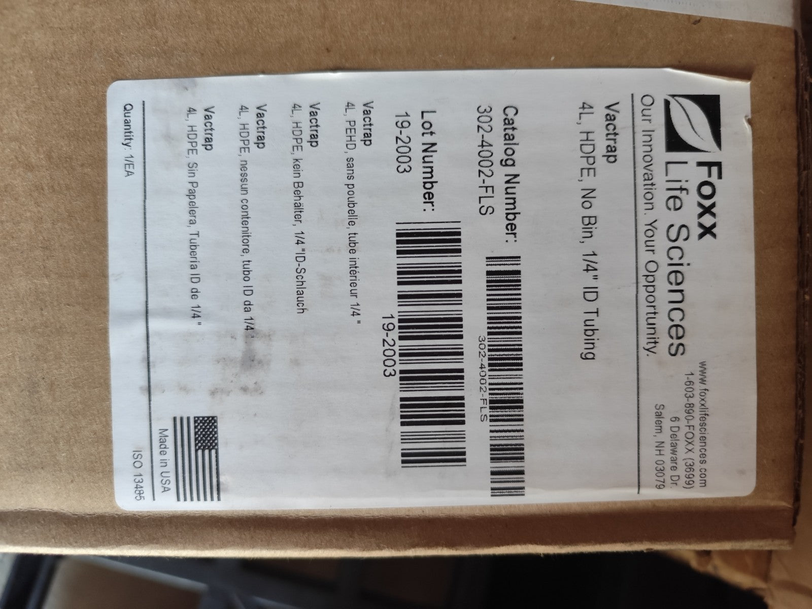 Foxx Life Sciences Vactrap system 4L HDPE Vactrap  No Bin 1/4" ID