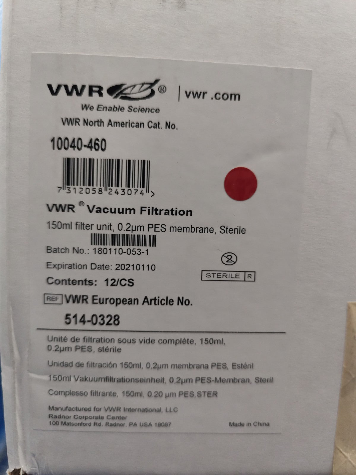 VWR Vacuum Filtration unit 150ml capacity 0.2 um PES membrane Fisher Corning 