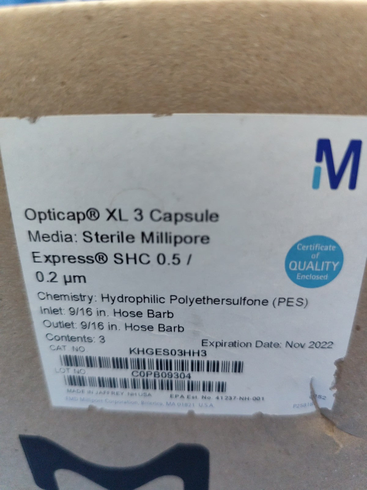 KHGES03HH3 Millipore Express SHC 0.5 0.2µm, Opticap XL 3 Capsule PES 9/16 Hose