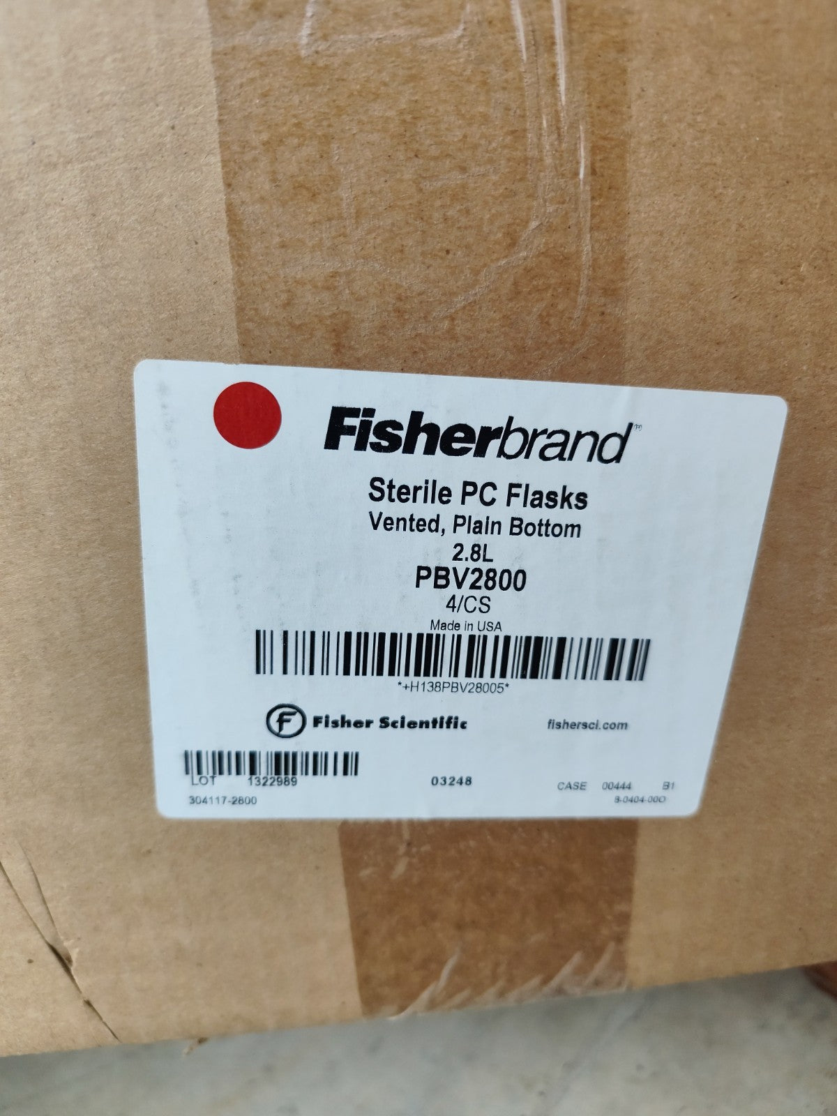 Fisherbrand  Sterile 2.8L PC Flasks Vented plain bottom PBV2800 Case 4