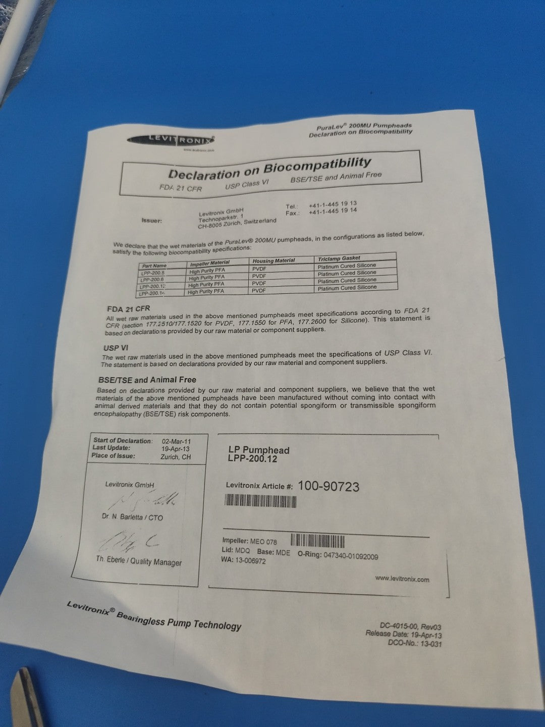 Levitronix 100-90723 LP pumphead LPP-200.12