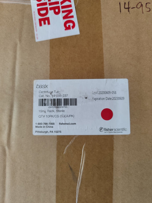 basix 15 ml Centrifuge Tub Cat. No. 14-955-237 Racked Sterile Open Case 450