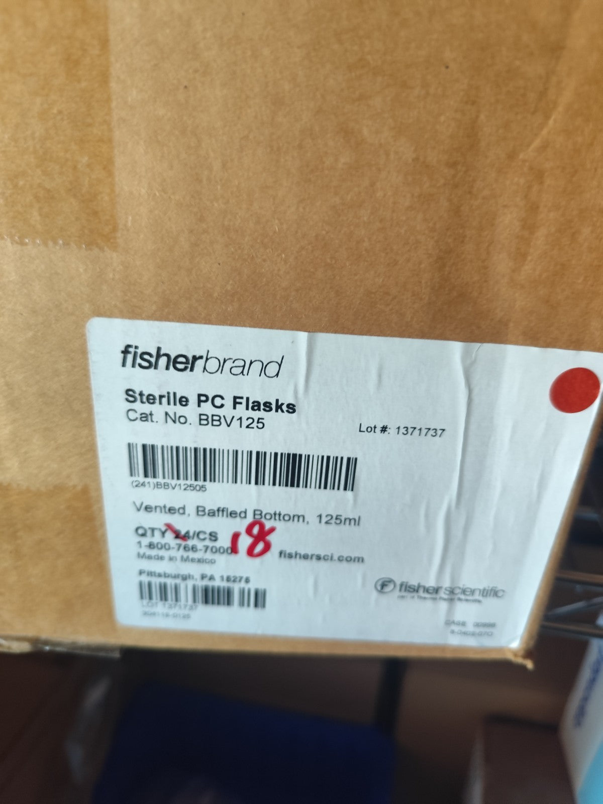 fisherbrandSterlle PC Flasks Cat. No. BBV125 Open Case Of 18