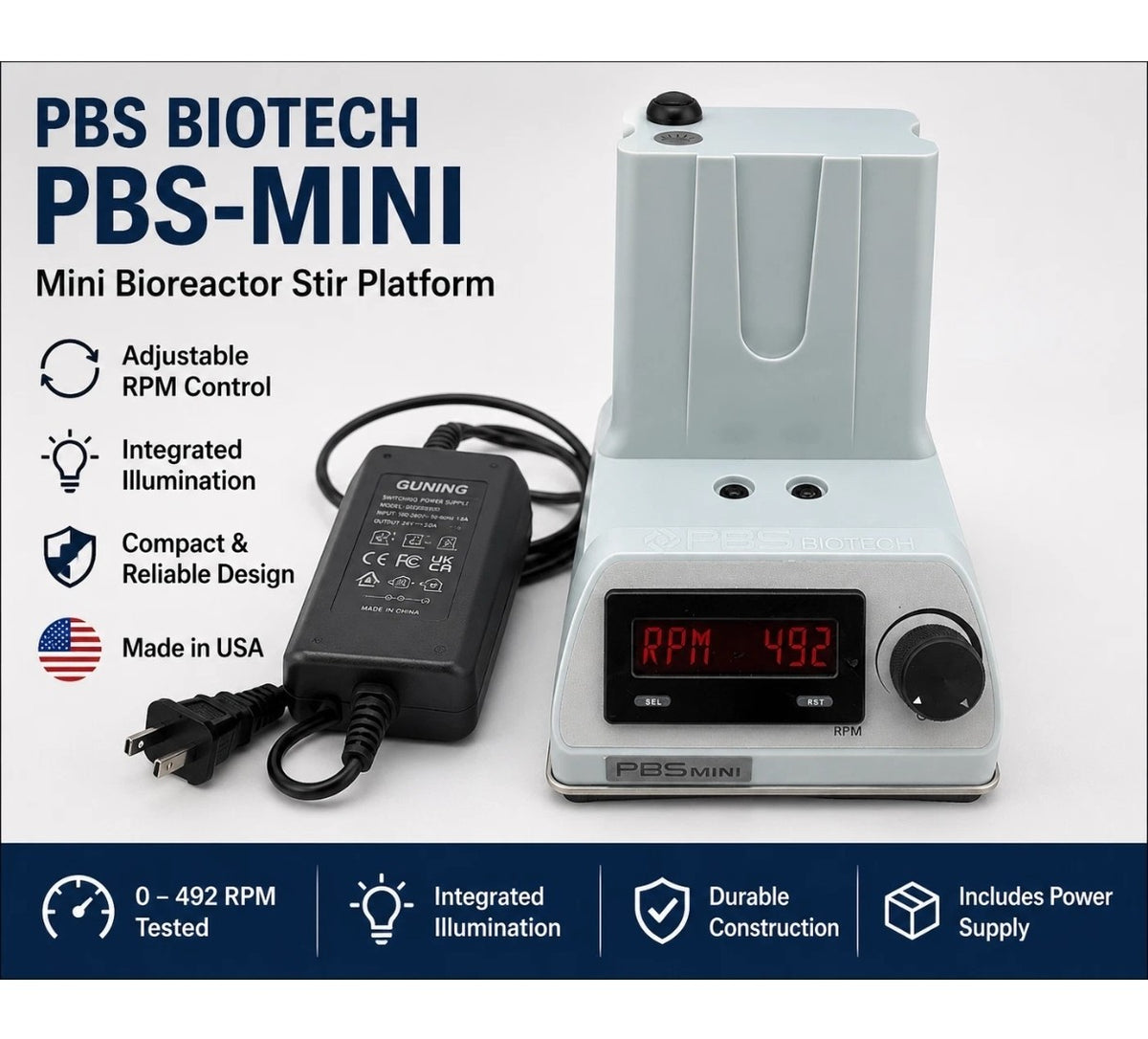 PBS Biotech PBS-MINI Bioreactor Base Unit IA-UNI-B-501 w/ Power Adapter w/Warran