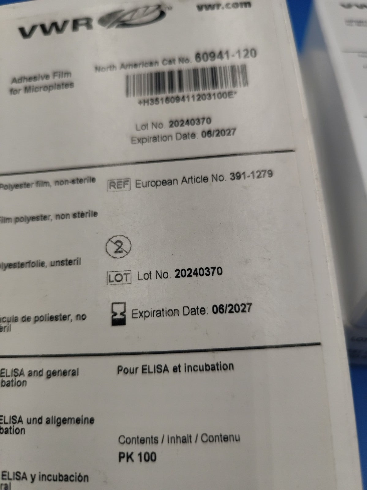 VWR Adhesive Film for Microplates 60941-120 Pack of 100 Year 2027