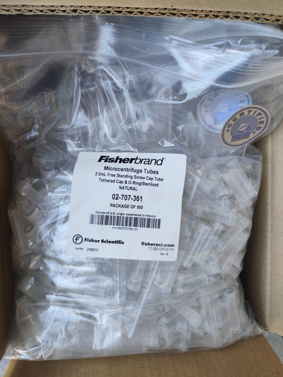 FISHERBRAND 2mL Microcentrifuge Tubes w/ Tether Cap Skirted 02-707-361 Bag 500