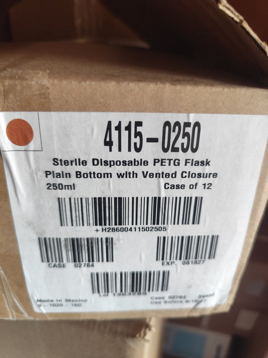 4115-0250 Sterlle PETG Flask Plain Bottom with Vented Closure 250ml Case 12