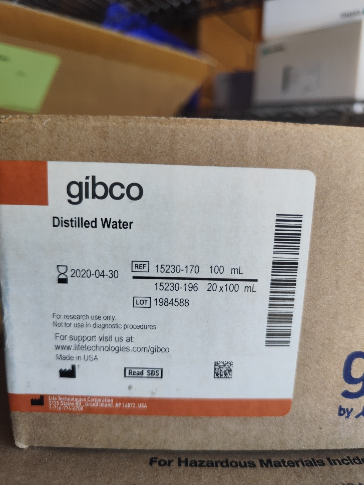gibcoDistilled Water 100ml Case Of 20