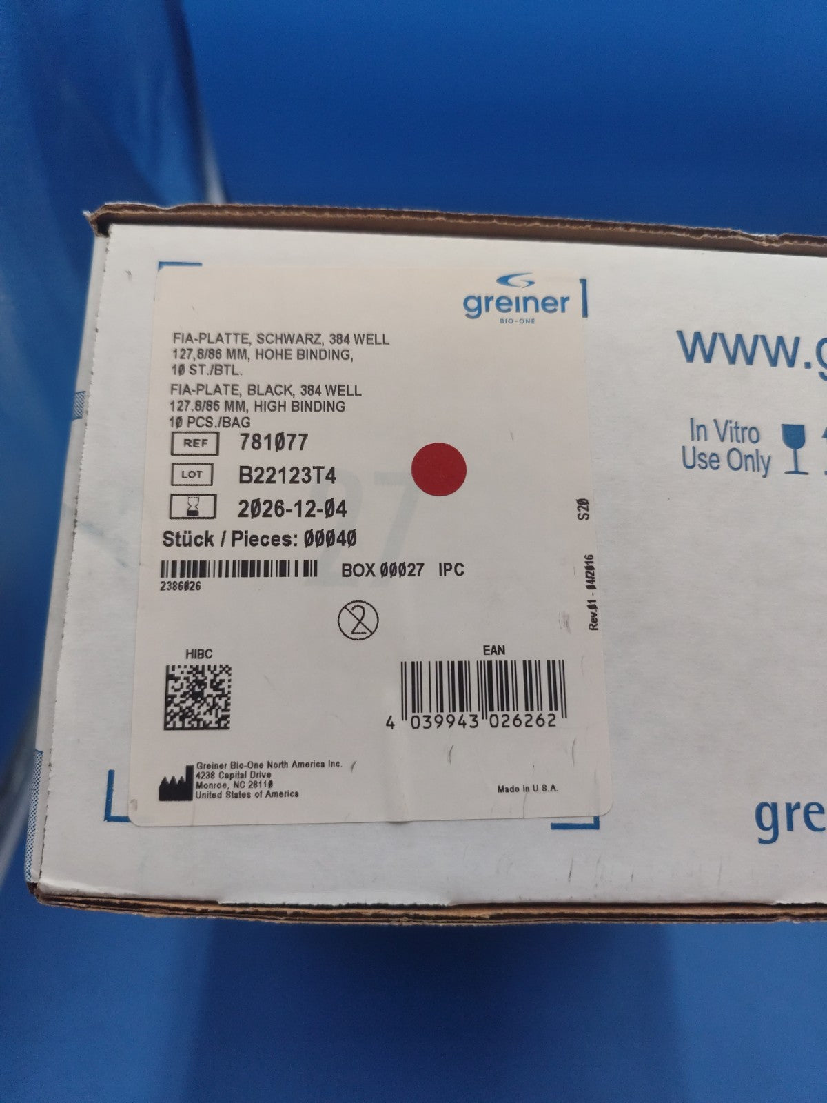 GREINER 600 384-Well Tissue Plate 138µL Black NonSterile High Binding 40/CS