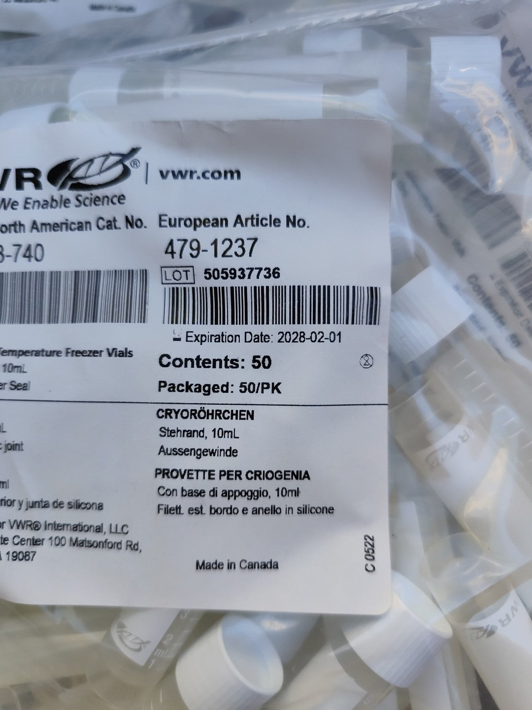 VWR Freezer Vial 10 ml External Thread Cap 17 x 84 mm PP 50 Vials New