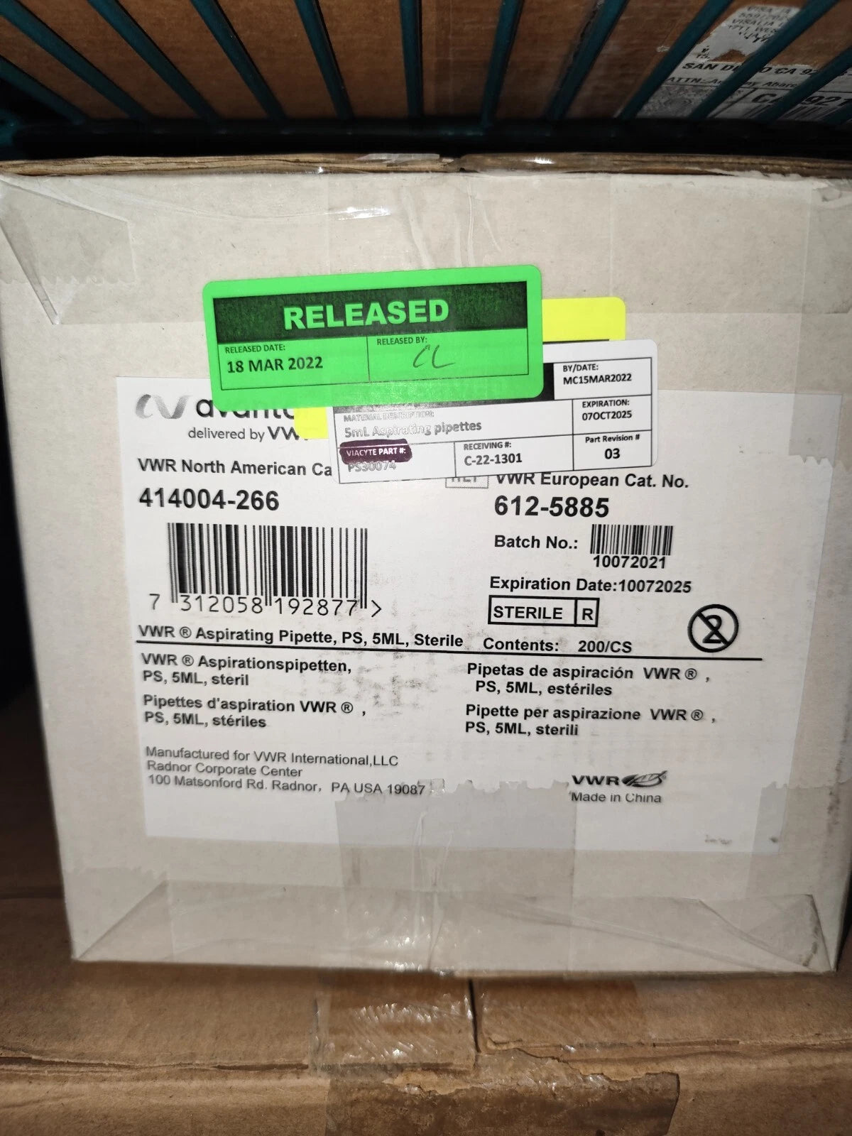 VWR Aspirating Pipette 5ml Sterile 414004-266 200/cs