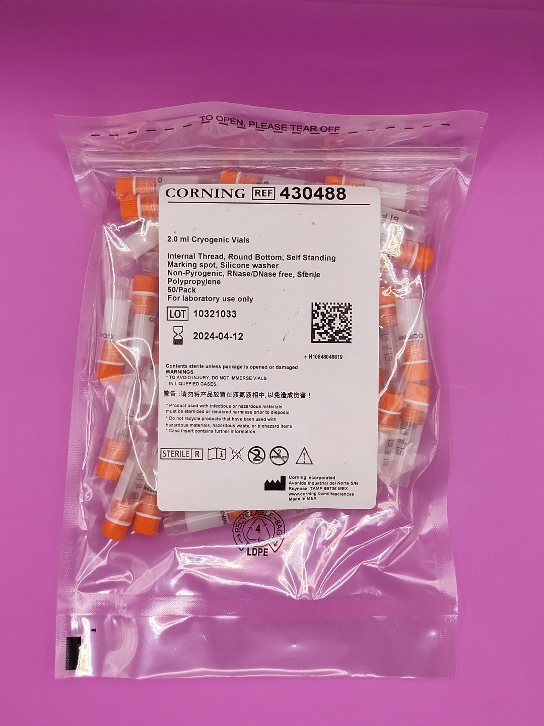 CRYOGENIC TUBES - Corning 430488 PP Vial 2 mL Self-Standing Round bottom - 50/PK